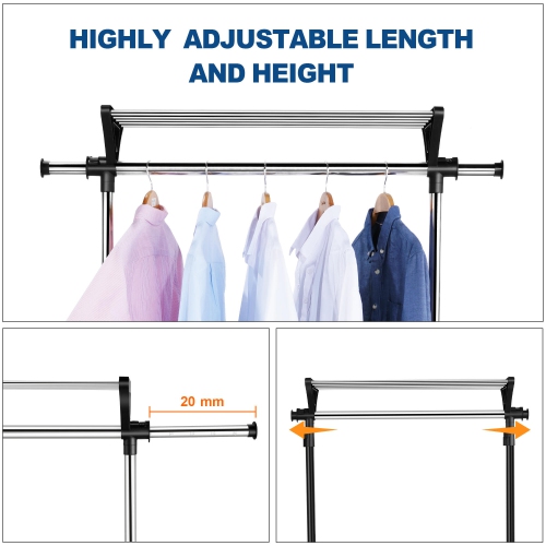 Mobile Adjustable Garment Rack, Rolling Clothes Rack Clothing Organizer Shelf with Top and Bottom Shelves