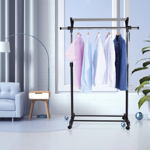 Mobile Adjustable Garment Rack, Rolling Clothes Rack Clothing Organizer Shelf with Top and Bottom Shelves