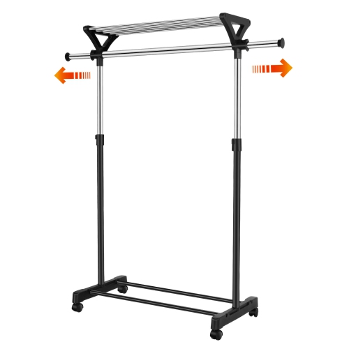 Mobile Adjustable Garment Rack, Rolling Clothes Rack Clothing Organizer Shelf with Top and Bottom Shelves