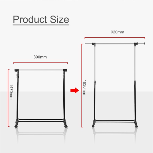 Mobile Adjustable Garment Rack, Rolling Clothes Rack Clothing Organizer Shelf with Top and Bottom Shelves