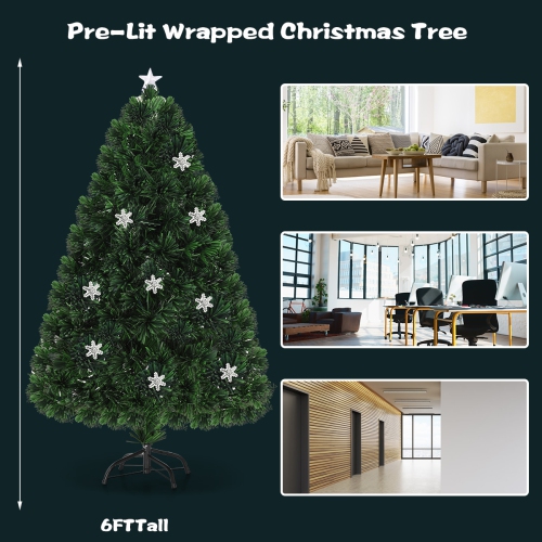 Topbuy 6' Artificial Christmas Tree Pre-Lit Multi-Color Fiber Optic w/ Snowflake
