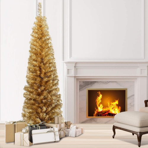 Topbuy 6ft Champagne Slim Pencil Tree Tinsel Unlit Christmas Tree Artificial 520 Branch Tips