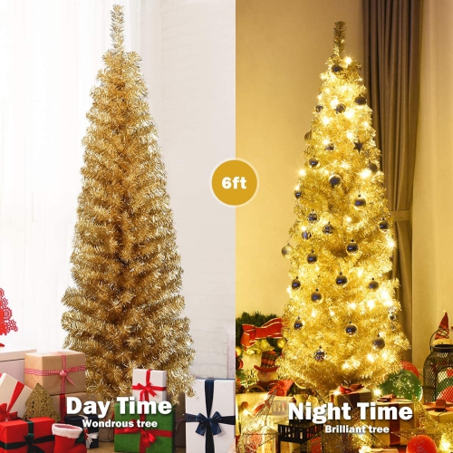 Topbuy 6ft Champagne Slim Pencil Tree Tinsel Unlit Christmas Tree Artificial 520 Branch Tips