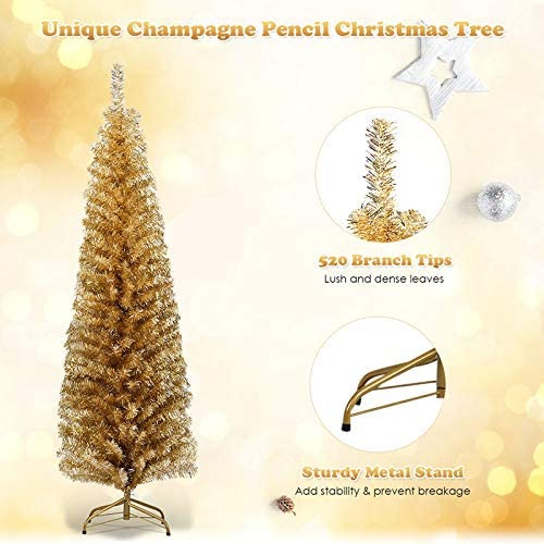 Topbuy 6ft Champagne Slim Pencil Tree Tinsel Unlit Christmas Tree Artificial 520 Branch Tips
