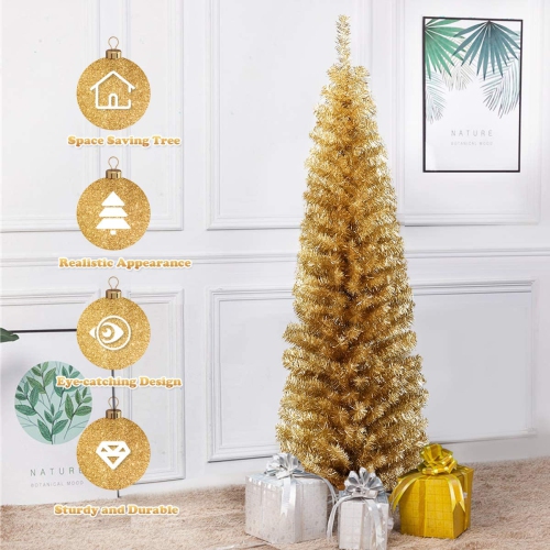 Topbuy 6ft Champagne Slim Pencil Tree Tinsel Unlit Christmas Tree Artificial 520 Branch Tips
