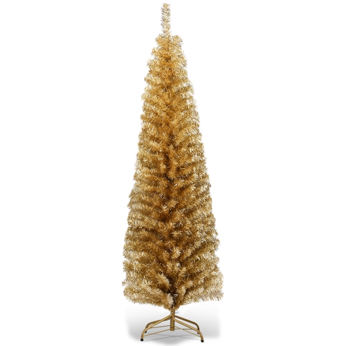 Topbuy 6ft Champagne Slim Pencil Tree Tinsel Unlit Christmas Tree Artificial 520 Branch Tips