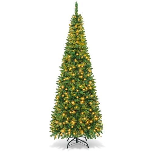 TOPBUY  7.5Ft Pencil Christmas Tree Pre-Lit Hinged Artificial Decoration W/ 350 Warm Lights In White