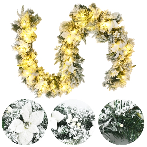 Topbuy 9FT Pre-Lit Flocked Christmas Garland, Lush & Natural Looking Battery Operated 50 Warm White LED Lights