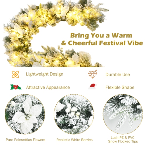 Topbuy 9FT Pre-Lit Flocked Christmas Garland, Lush & Natural Looking Battery Operated 50 Warm White LED Lights