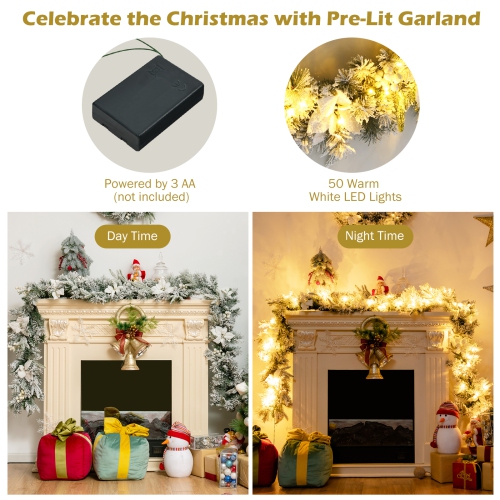 Topbuy 9FT Pre-Lit Flocked Christmas Garland, Lush & Natural Looking Battery Operated 50 Warm White LED Lights