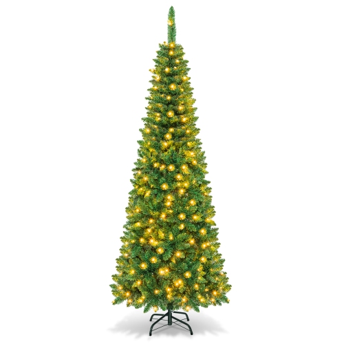 TOPBUY  6.5Ft Pencil Christmas Tree Pre-Lit Hinged Artificial Decoration W/ 250 Warm Lights In White