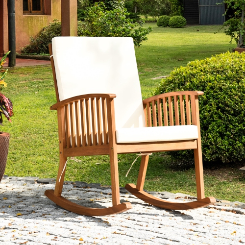 Patio Rocking Chair Acacia Wood Rocker w/ Seat & Back Cushions Safe & Comfortable Rocking