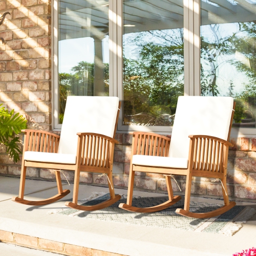 Chaise berçante de patio en 2 pièces en bois d’acacia avec coussins de siège et de dossier sécuritaires et confortables