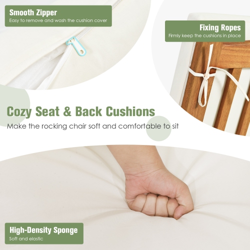 Chaise berçante de patio en 2 pièces en bois d’acacia avec coussins de siège et de dossier sécuritaires et confortables