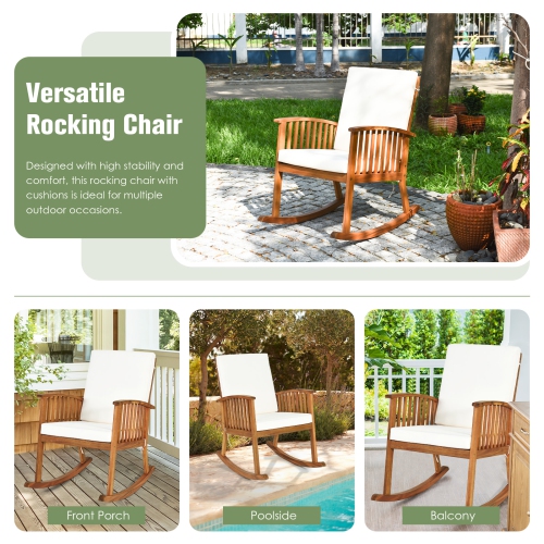 Chaise berçante de patio en 2 pièces en bois d’acacia avec coussins de siège et de dossier sécuritaires et confortables