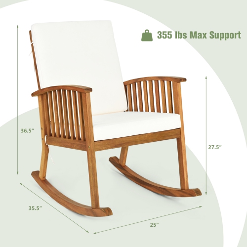 Chaise berçante de patio en 2 pièces en bois d’acacia avec coussins de siège et de dossier sécuritaires et confortables