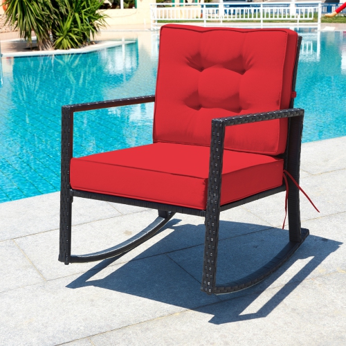 Patiojoy Outdoor Wicker Rocking Chair Glider Rattan Rocker Recliner with Red Cushion