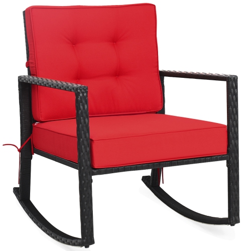 Patiojoy Outdoor Wicker Rocking Chair Glider Rattan Rocker Recliner with Red Cushion