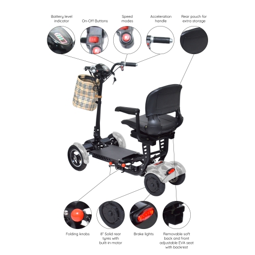Portable Medical Mobility Scooter, Li-on Battery Large Seat, 300 lb Capacity 63 lb Weight, Up to 12 Miles - Silver Color