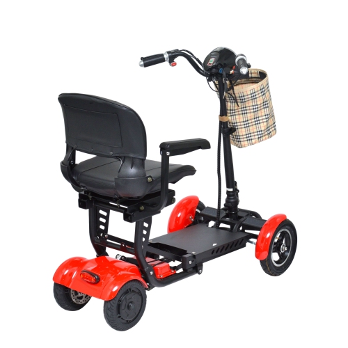 4 Wheel Electric Motorized Compact Scooter, Foldable Wide Seat with Padded Armrests and LED Light, Up to 12 Miles - Red Color