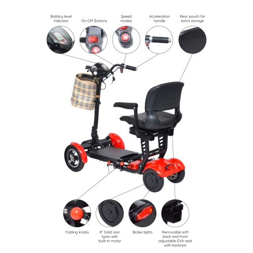 4 Wheel Electric Motorized Compact Scooter, Foldable Wide Seat with Padded Armrests and LED Light, Up to 12 Miles - Red Color