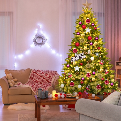 Topbuy Pre-lit Snow Flocked Christmas Tree with 450 LED Lights &Foldable Stand