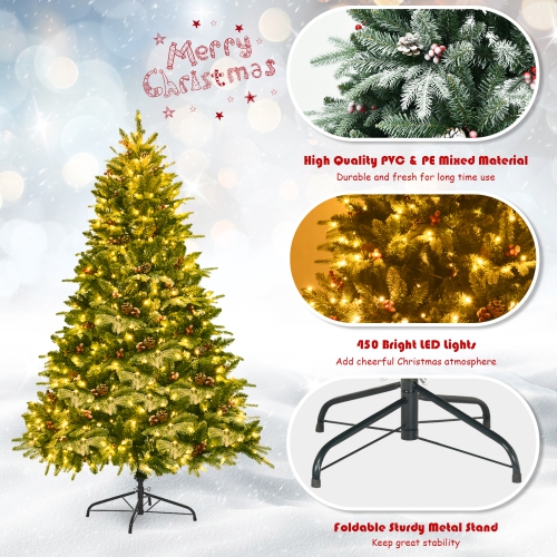 Topbuy Pre-lit Snow Flocked Christmas Tree with 450 LED Lights &Foldable Stand