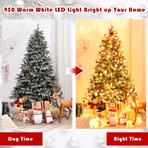 Topbuy Pre-lit Snow Flocked Christmas Tree with 450 LED Lights &Foldable Stand