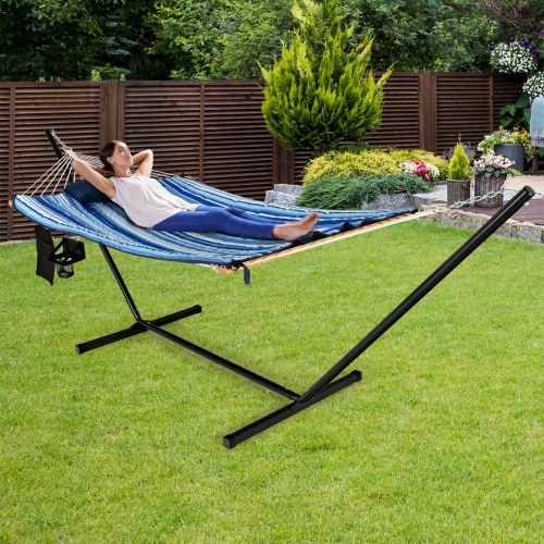 Topbuy 12Ft Hammock with Heavy-Duty Steel Stand, Woven Hammock Chair Set, Portable Hammock with Beech Wood Bar & Cotton Mat