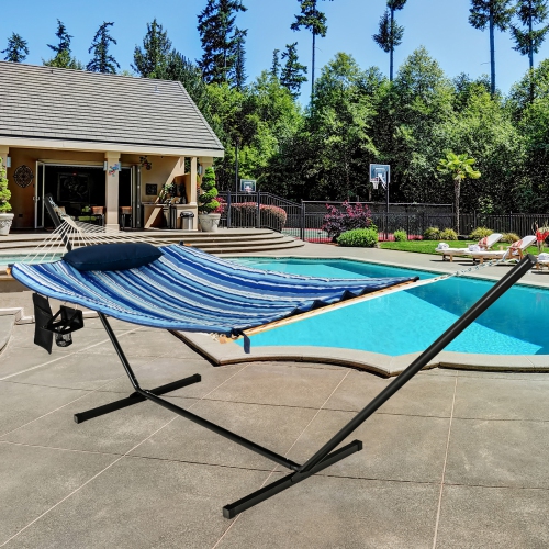 Topbuy 12Ft Hammock with Heavy-Duty Steel Stand, Woven Hammock Chair Set, Portable Hammock with Beech Wood Bar & Cotton Mat