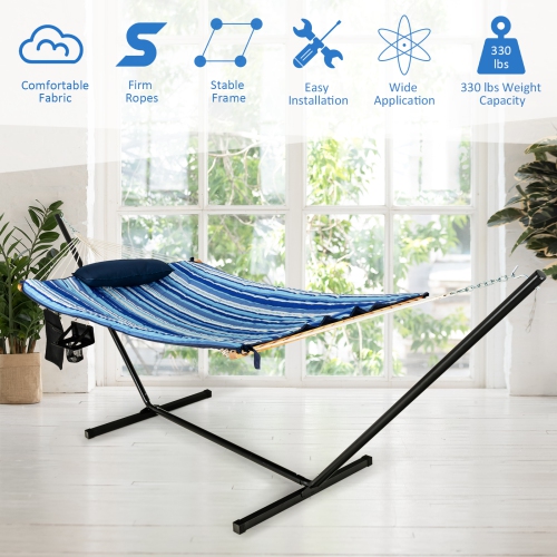 Topbuy 12Ft Hammock with Heavy-Duty Steel Stand, Woven Hammock Chair Set, Portable Hammock with Beech Wood Bar & Cotton Mat