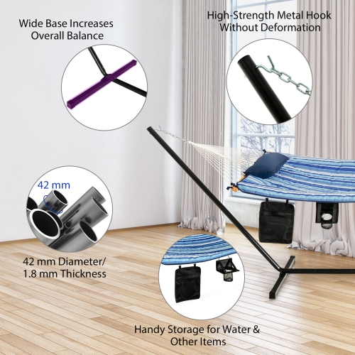 Topbuy 12Ft Hammock with Heavy-Duty Steel Stand, Woven Hammock Chair Set, Portable Hammock with Beech Wood Bar & Cotton Mat