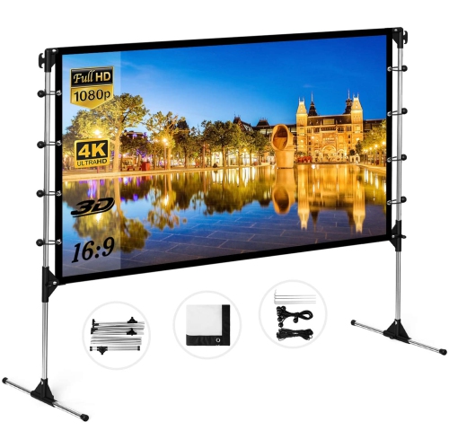 Projector Screen with Stand 120 inch Anti-Crease Outdoor Projection Screen 16:9 4K Portable Front Rear Movie Screen with Carry Bag for Home Theater Indoor Outside Use 
