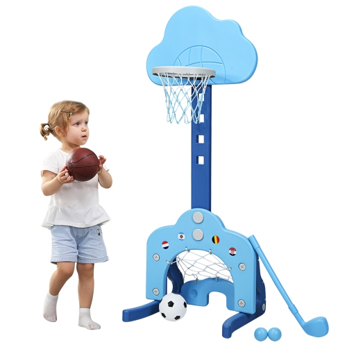 Topbuy 3-in-1 Basketball Hoop Set Stand Toddler Basketball Hoop Game Set Blue