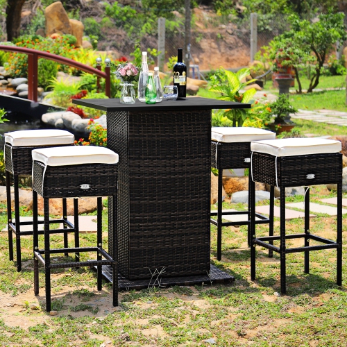 Patiojoy 5 PCS Patio Rattan Conversation Set All weather Wicker Bar Table Stool Set w/Hidden Storage Shelf & Cushions