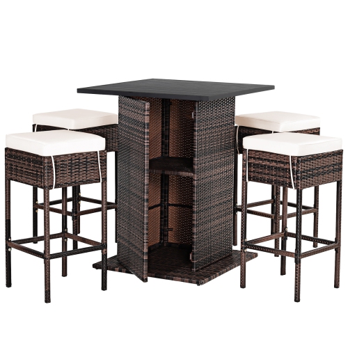 Patiojoy 5 PCS Patio Rattan Conversation Set All weather Wicker Bar Table Stool Set w/Hidden Storage Shelf & Cushions