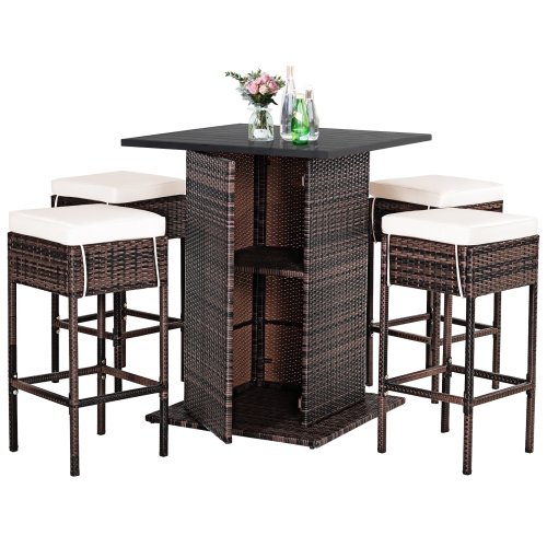 Patiojoy 5 PCS Patio Rattan Conversation Set All weather Wicker Bar Table Stool Set w/Hidden Storage Shelf & Cushions