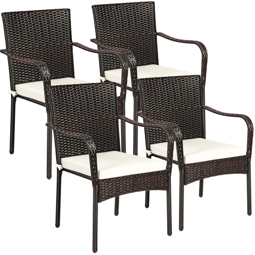 TOPBUY  Patiojoy 4 PCs Stackable Rattan Chairs Outdoor Dining Chairs W/cushion for Porch Yard Garden