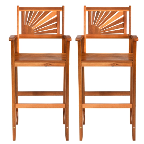TOPBUY  Set Of 2 Acacia Wood Outdoor Patio Bar Stool With Footrest&backrest&armrest