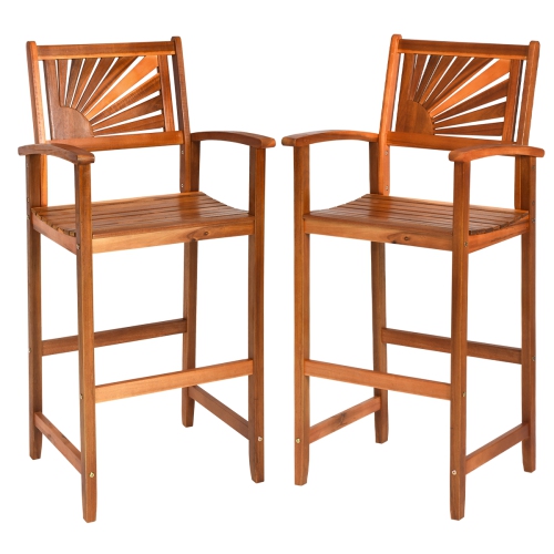 Topbuy Set of 2 Acacia Wood Outdoor Patio Bar Stool with Footrest&Backrest&Armrest