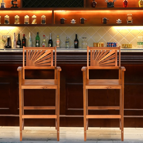 Topbuy Set of 2 Acacia Wood Outdoor Patio Bar Stool with Footrest&Backrest&Armrest