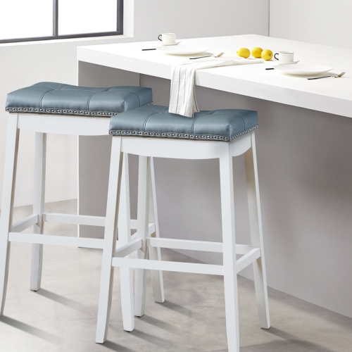 Topbuy Set of 4 Saddle Bar Stools Backless Nailhead Counter Stool with Grey Cushions Coffee/White