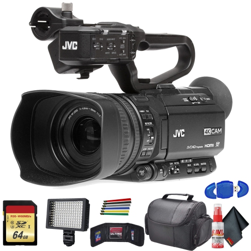 JVC GY-HM180 Ultra HD 4K Camcorder with HD-SDI (GY-HM180U) with Padded Case, LED Light, 64GB Memory Card and More Base B