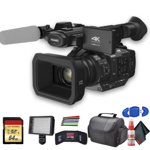 Panasonic AG-UX180 4K Professional Camcorder (AG-UX180PJ8) with Padded Case, LED Light, 64GB Memory Card and More Base B