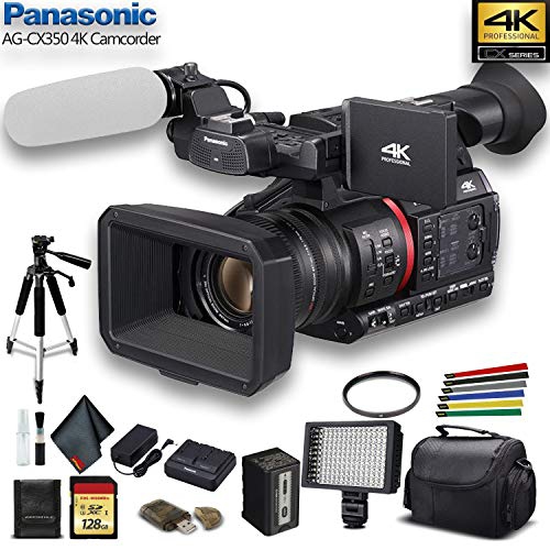 Panasonic AG-CX350 4K Camcorder Bundle with Padded Case, 128 GB Memory Card, Heavy Duty Tripod, Wire Straps, LED Light, and More
