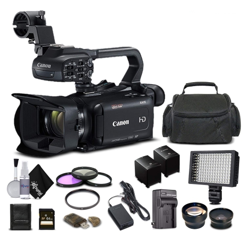 Canon XA15 Compact Full HD Camcorder 2217C002 with 64GB Memory Card, Extra Battery and Charger, UV Filter, LED Light Starter Bundle