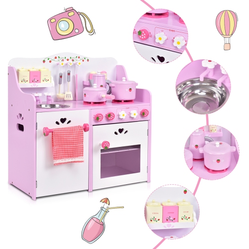 Topbuy Kids Wooden Kitchen Lovely Pretend Cooking PlaySet for Toddler