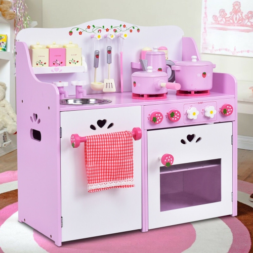 Topbuy Kids Wooden Kitchen Lovely Pretend Cooking PlaySet for Toddler