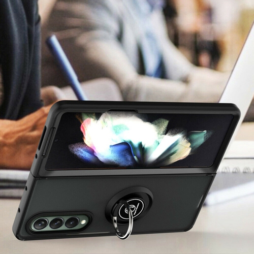 【CSmart】 Étui d'armure magnétique hybride caoutchouté anti-chute avec support d'anneau pour Samsung Galaxy Z Fold 3 5G, vert minuit