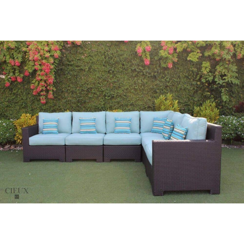 CIEUX Provence Outdoor Patio Wicker Rattan Modular L-Shaped Sectional Sofa in Blue